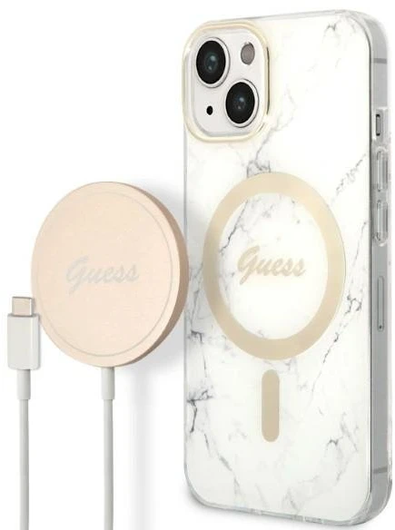 Guess Rinkinys GUBPP14MHMEACSH Dėklas+Įkroviklis Apple iPhone 14 Plus / 15 Plus 6.7″ baltos spalvos kietas dėklas Marble