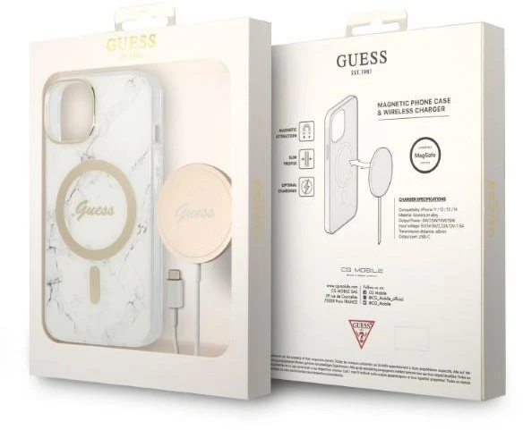 Guess Rinkinys GUBPP14MHMEACSH Dėklas+Įkroviklis Apple iPhone 14 Plus / 15 Plus 6.7″ baltos spalvos kietas dėklas Marble