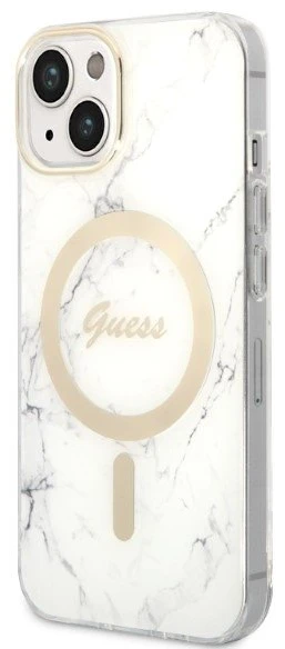 Guess Rinkinys GUBPP14MHMEACSH Dėklas+Įkroviklis Apple iPhone 14 Plus / 15 Plus 6.7″ baltos spalvos kietas dėklas Marble