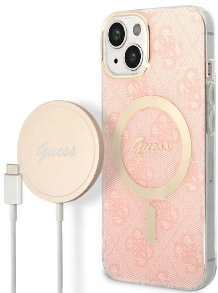 Rinkinys Guess GUBPP14SH4EACSP Case+ Charger iPhone 14 6,1" rožinis/rožinis kietas dėklas 4G Print MagSafe