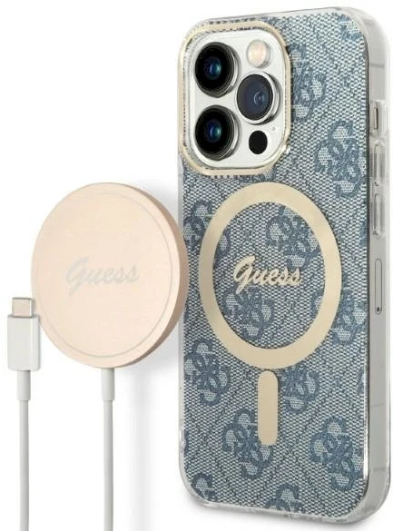 Guess Rinkinys GUBPP14XH4EACSB Dėklas+ Įkroviklis Apple iPhone 14 Pro Max 6,7″ mėlynas kietas dėklas 4G Print M