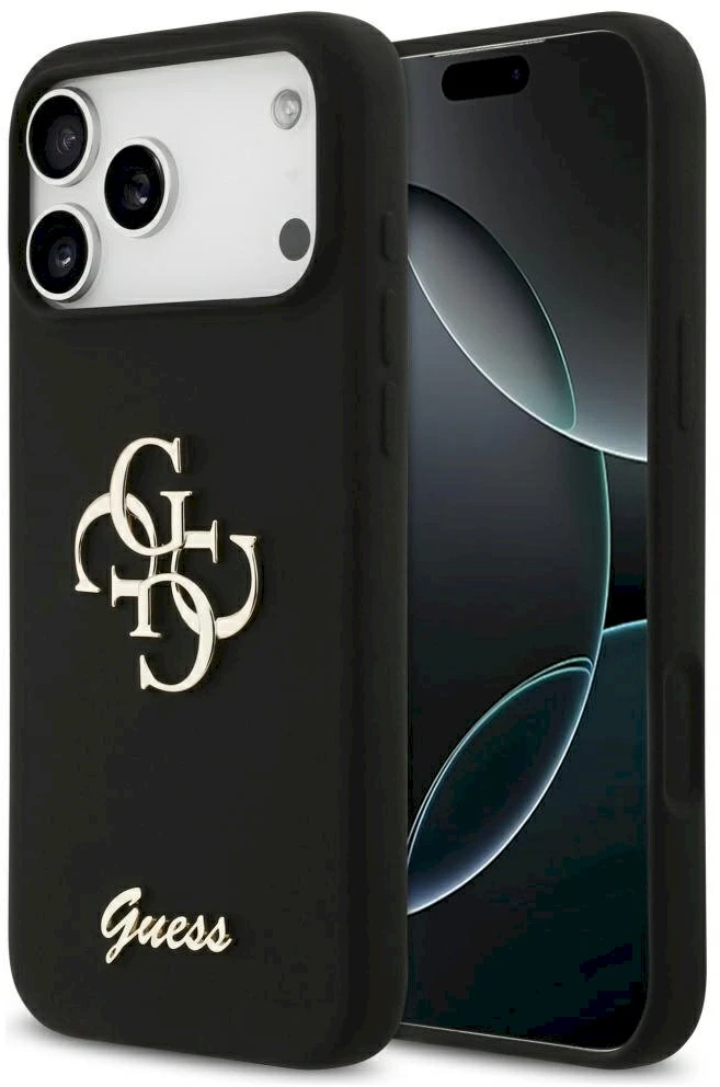 Guess Silicone Big 4G Script dėklas skirtas iPhone 17 Pro Max juodos spalvos