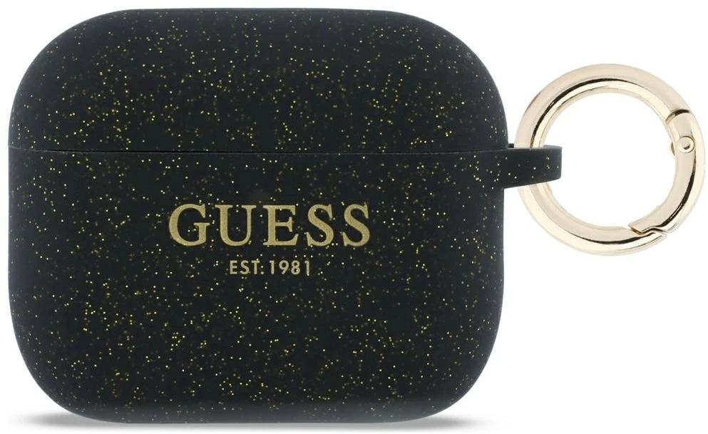 „Guess“ silikoninis blizgučių žiedinis dėklas, skirtas „AirPods Pro 3“ ausinėms - Juodas