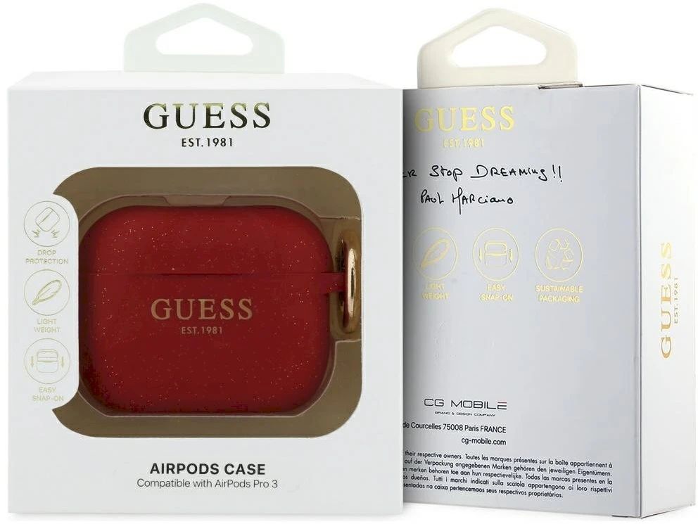 „Guess“ silikoninis blizgučių žiedinis dėklas, skirtas „AirPods Pro 3“ ausinėms – Raudona ir blizgučiai