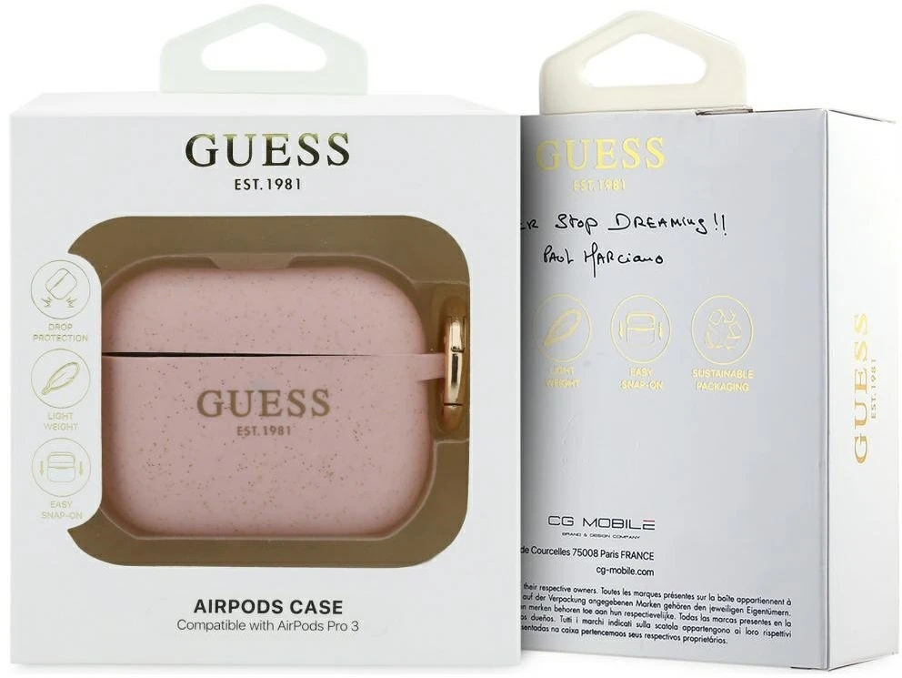 Guess silikoninis blizgučių žiedinis dėklas AirPods Pro 3 ausinėms - Rožinė