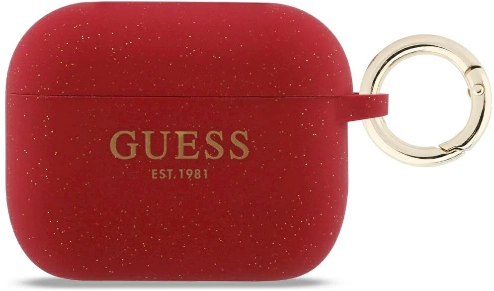 „Guess“ silikoninis blizgučių žiedinis dėklas, skirtas „AirPods Pro 3“ ausinėms – Raudona ir blizgučiai