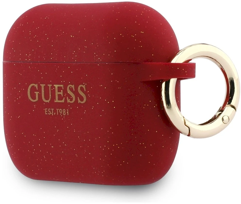 „Guess“ silikoninis blizgučių žiedinis dėklas, skirtas „AirPods Pro 3“ ausinėms – Raudona ir blizgučiai