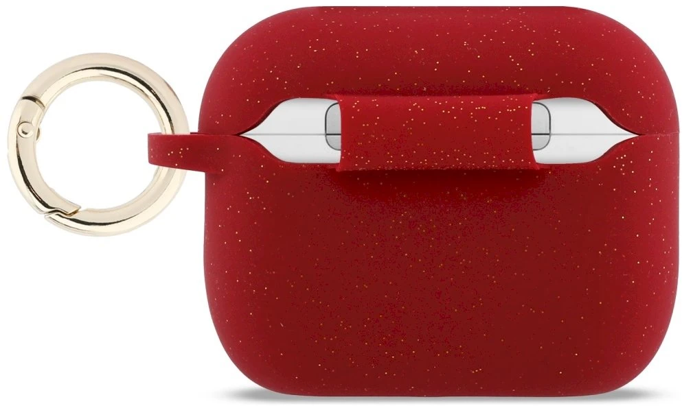„Guess“ silikoninis blizgučių žiedinis dėklas, skirtas „AirPods Pro 3“ ausinėms – Raudona ir blizgučiai