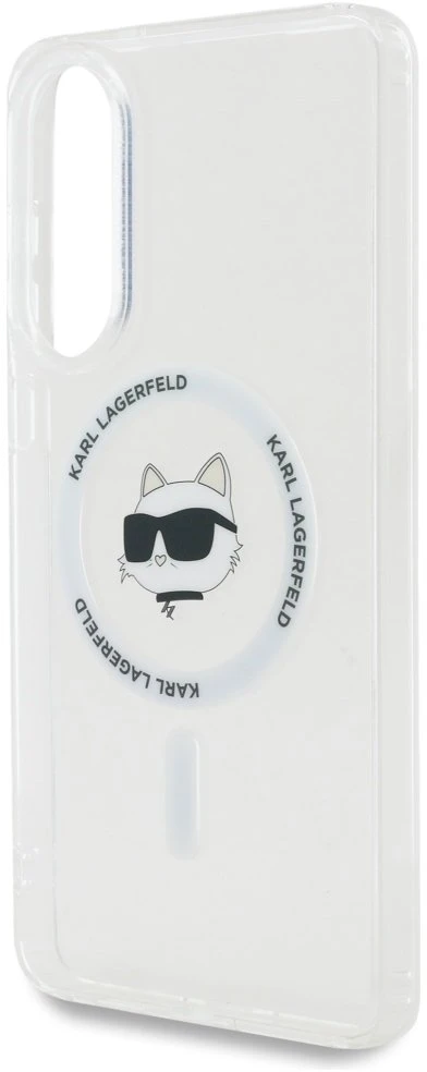 Dėklas Karl Lagerfeld Button Choupette Head Printed Logo MagSafe Samsung Galaxy S25 Edge baltos spalvos