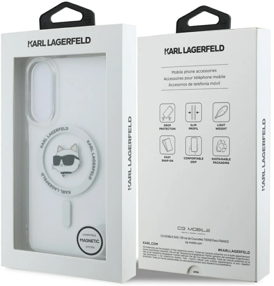 Dėklas Karl Lagerfeld Button Choupette Head Printed Logo MagSafe Samsung Galaxy S25 Edge baltos spalvos