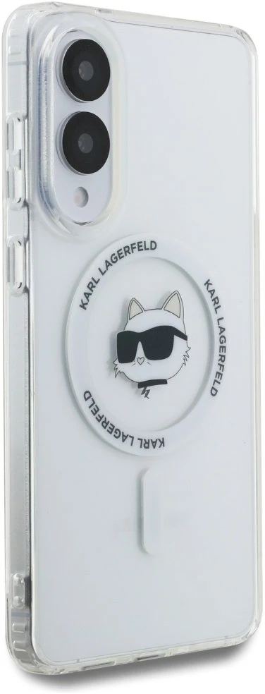 Dėklas Karl Lagerfeld Button Choupette Head Printed Logo MagSafe Samsung Galaxy S25 Edge baltos spalvos