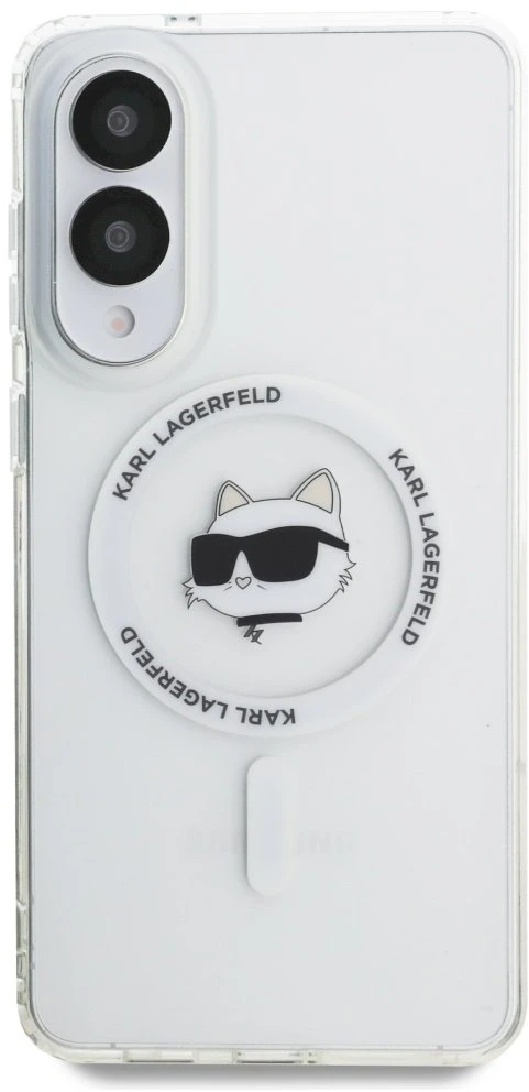 Dėklas Karl Lagerfeld Button Choupette Head Printed Logo MagSafe Samsung Galaxy S25 Edge baltos spalvos