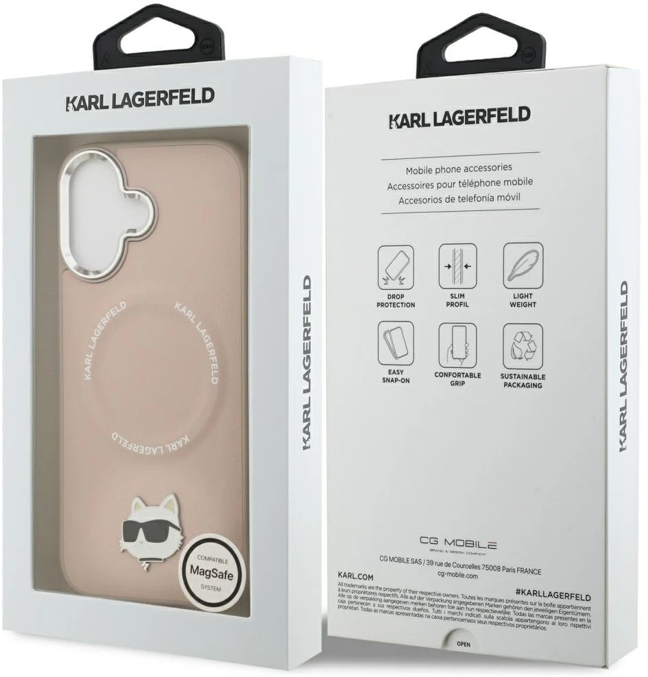 Karl Lagerfeld Choupette Pin MagSafe dėklas Apple iPhone 17 rožinės spalvos