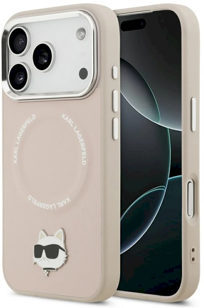 Karl Lagerfeld Choupette Pin MagSafe dėklas iPhone 17 Pro Max rožinės spalvos
