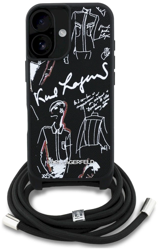 Karl Lagerfeld dėklas, skirtas IPHONE 16 KLHCP16SPGGRMPCK, suderinamas su „MagSafe“ (CRSSBY grūdėtas PU su raštu ir logotipu), juodas