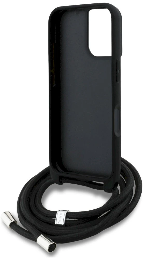Karl Lagerfeld dėklas, skirtas IPHONE 16 KLHCP16SPGGRMPCK, suderinamas su „MagSafe“ (CRSSBY grūdėtas PU su raštu ir logotipu), juodas