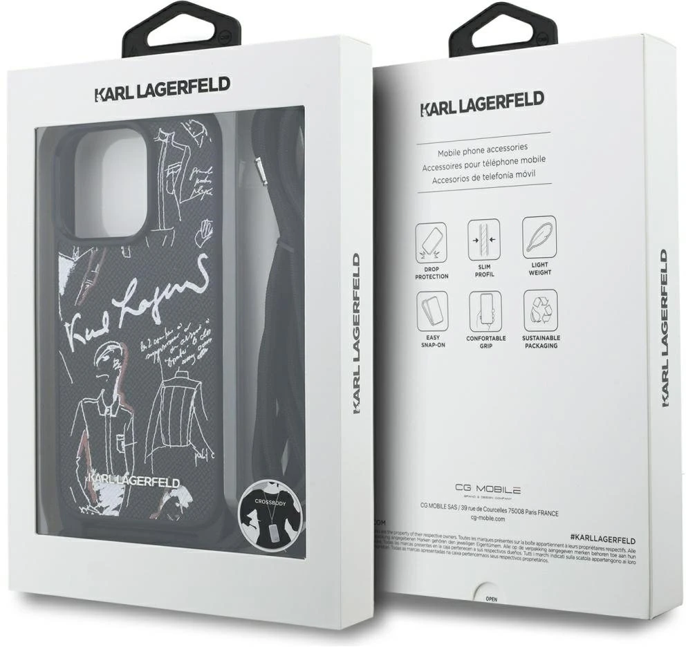 Karl Lagerfeld iPhone 16 Pro Max dėklas su grūdėtu raštu ir logotipu per petį - Juodas