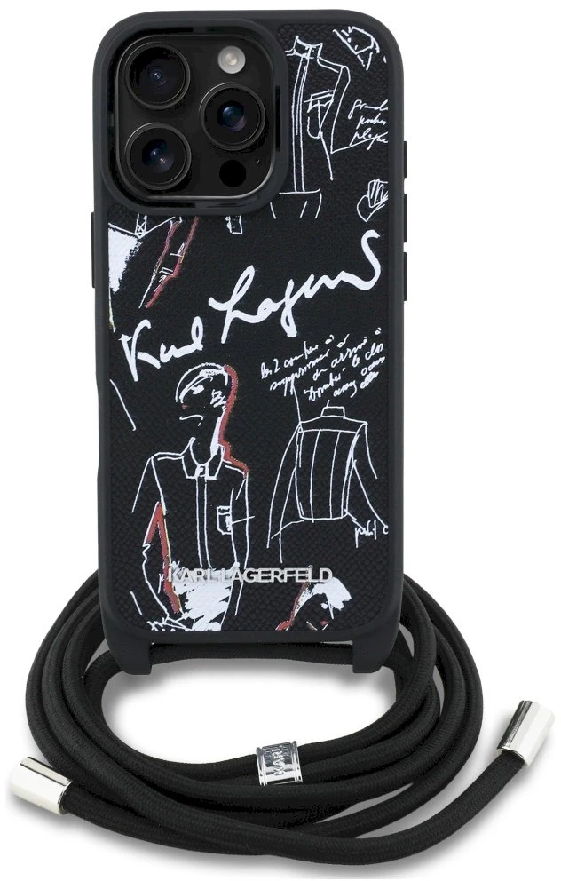 Karl Lagerfeld iPhone 16 Pro Max dėklas su grūdėtu raštu ir logotipu per petį - Juodas