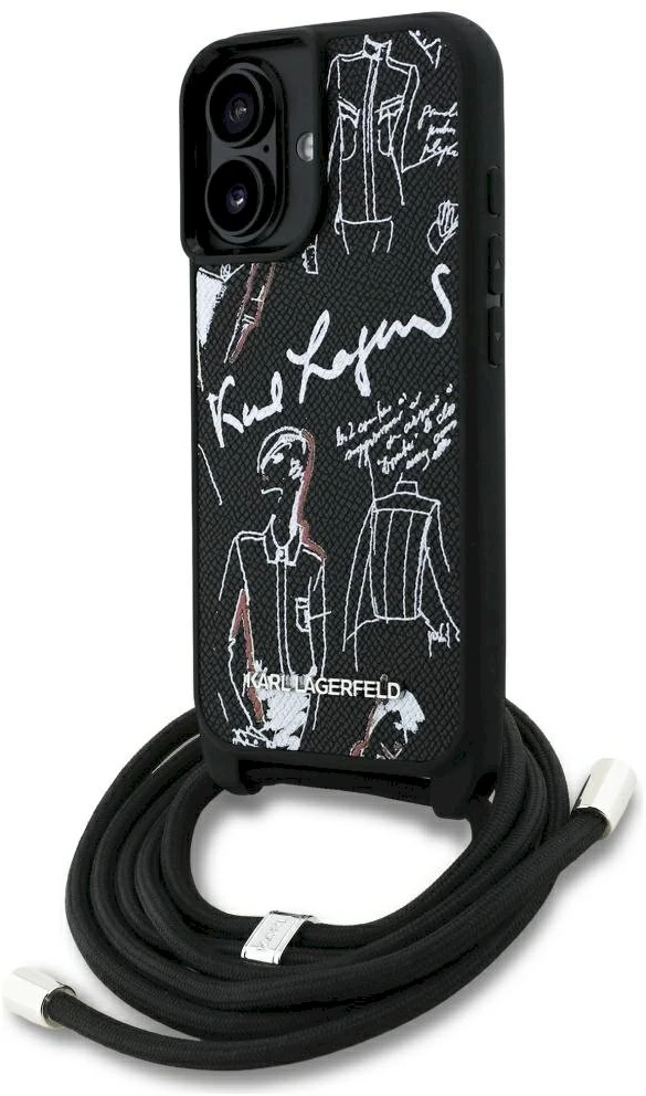 Karl Lagerfeld dėklas, skirtas IPHONE 16 KLHCP16SPGGRMPCK, suderinamas su „MagSafe“ (CRSSBY grūdėtas PU su raštu ir logotipu), juodas
