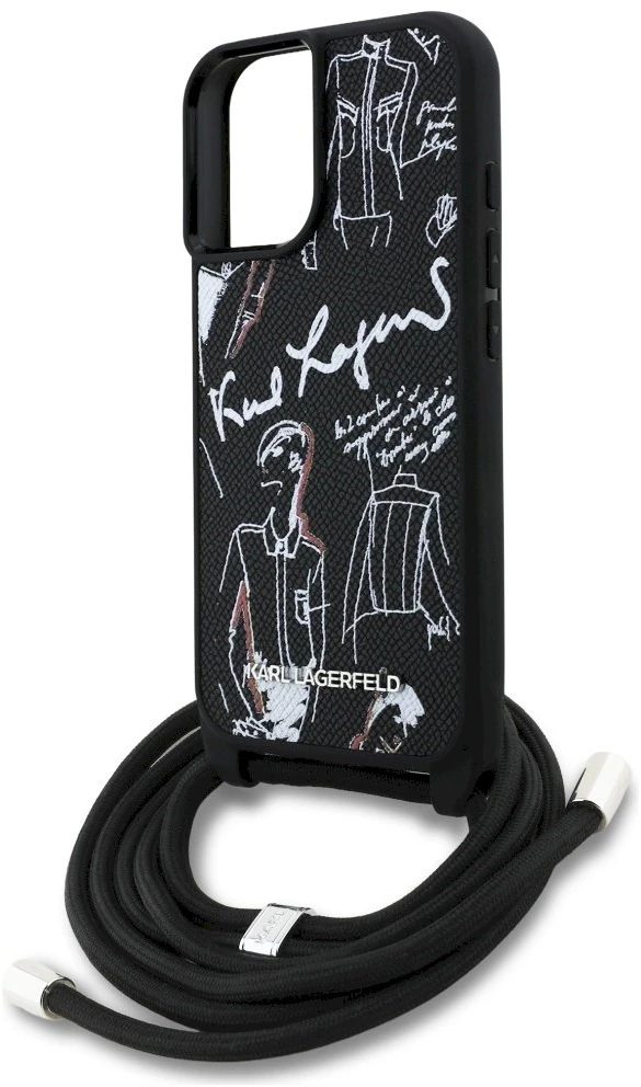 Karl Lagerfeld dėklas, skirtas IPHONE 16 KLHCP16SPGGRMPCK, suderinamas su „MagSafe“ (CRSSBY grūdėtas PU su raštu ir logotipu), juodas