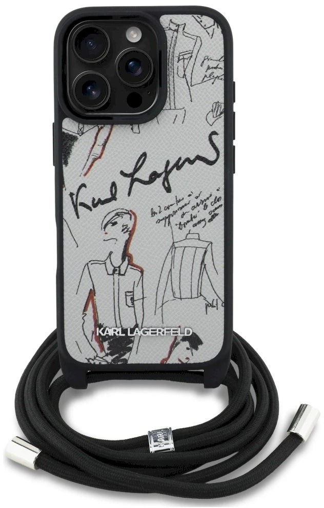 „Karl Lagerfeld“ per petį nešiojamas dėklas su grūdėtu raštu ir logotipu, skirtas „iPhone 16 Pro“ – pilkas
