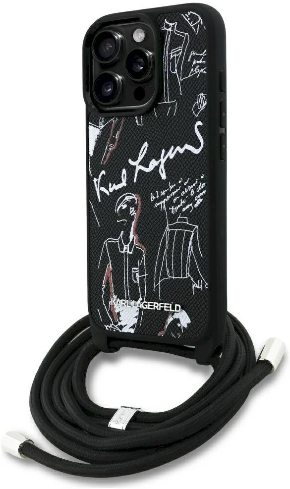 Karl Lagerfeld iPhone 16 Pro Max dėklas su grūdėtu raštu ir logotipu per petį - Juodas