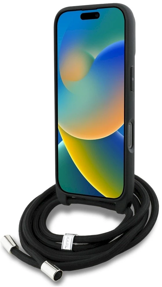 Karl Lagerfeld iPhone 16 Pro Max dėklas su grūdėtu raštu ir logotipu per petį - Juodas