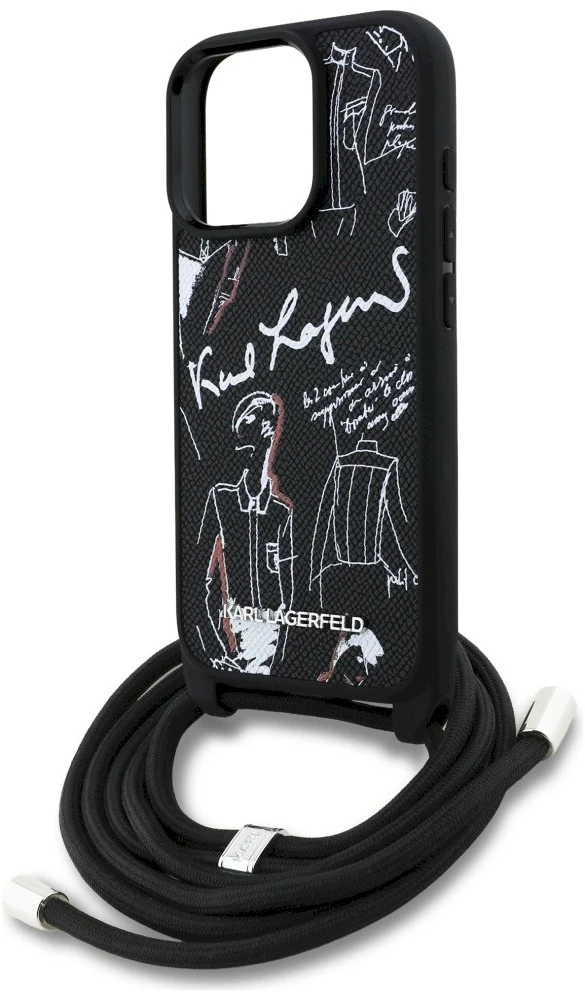 Karl Lagerfeld iPhone 16 Pro Max dėklas su grūdėtu raštu ir logotipu per petį - Juodas