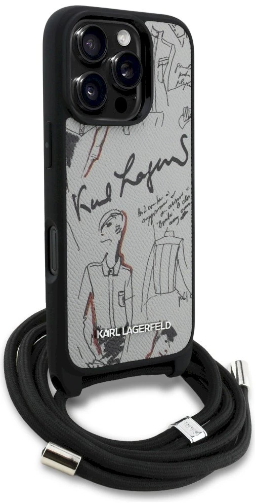Karl Lagerfeld iPhone 16 Pro Max dėklas su grūdėtu raštu ir logotipu – pilkas