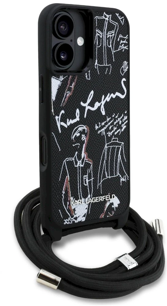 Karl Lagerfeld dėklas, skirtas IPHONE 16 KLHCP16SPGGRMPCK, suderinamas su „MagSafe“ (CRSSBY grūdėtas PU su raštu ir logotipu), juodas
