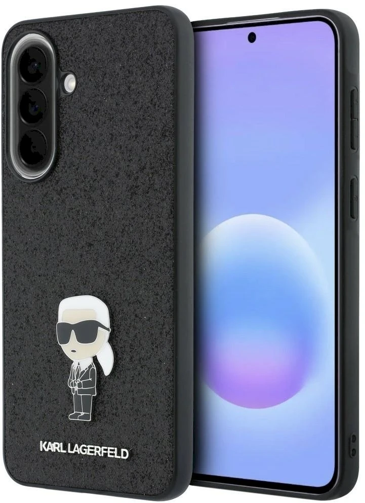 Karl Lagerfeld Fixed Glitter Metal Ikonik dėklas skirtas Samsung Galaxy A37 juodos spalvos
