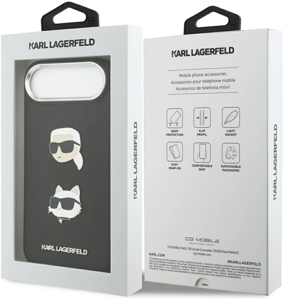 Karl Lagerfeld FW Grained Karl & Choupette Heads Pins & Logo Dėklas Apple iPhone Air juodos spalvos