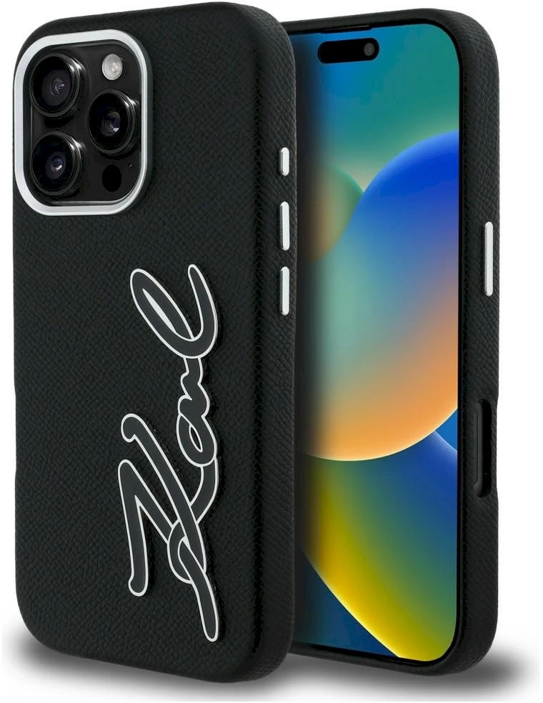 Karl Lagerfeld FW Grained Signature Logo dėklas iPhone 16 Pro Max - Juodas