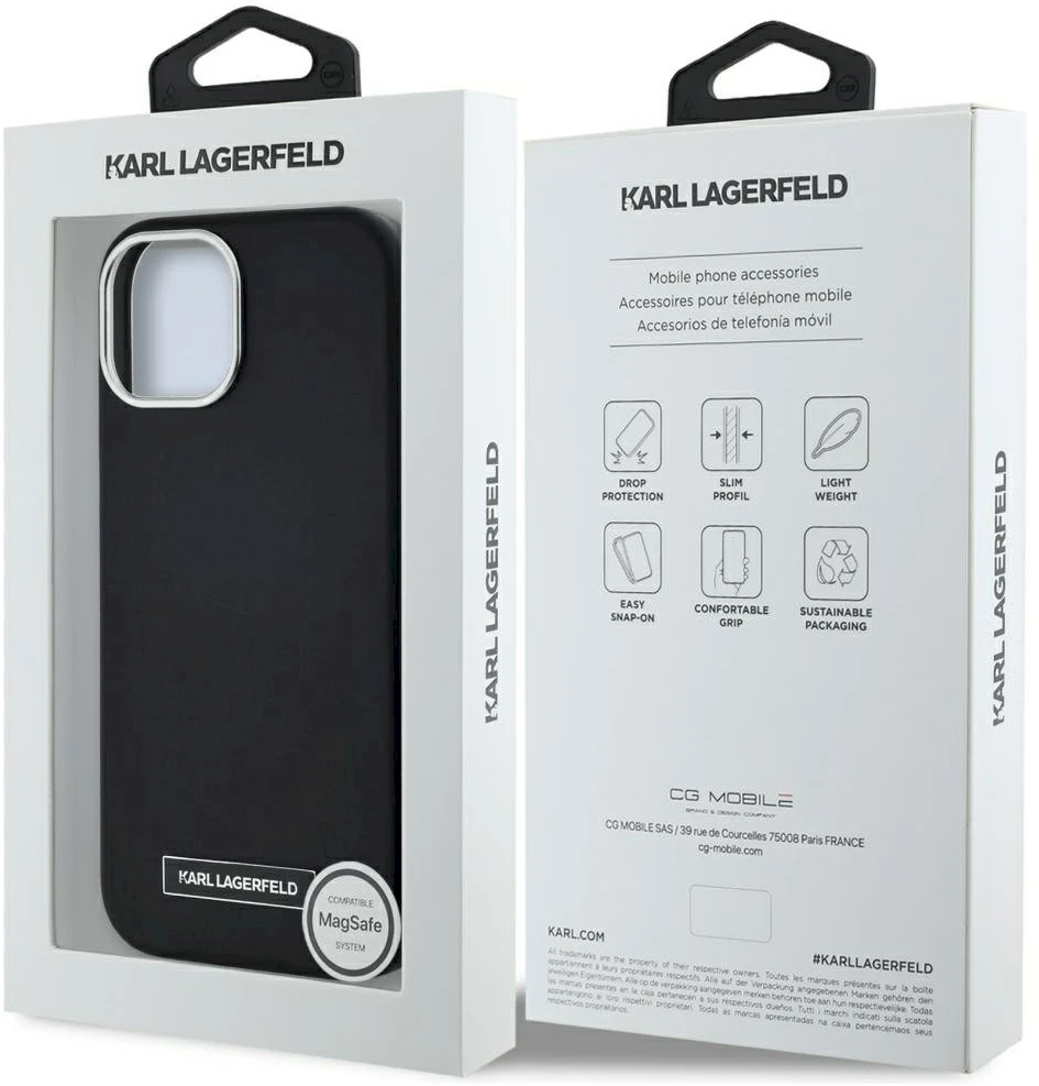 Dėklas Karl Lagerfeld FW Metal Plate MagSafe Apple iPhone 15 juodos spalvos