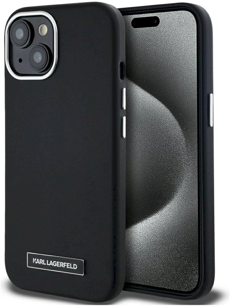 Dėklas Karl Lagerfeld FW Metal Plate MagSafe Apple iPhone 15 juodos spalvos