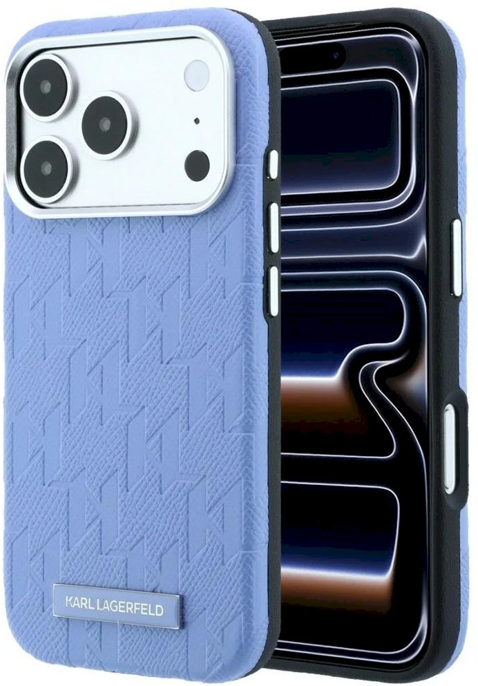 Karl Lagerfeld Grūdėtos tekstūros Mono Resin Logo dėklas su MagSafe, skirtas iPhone 17 Pro Max / 18 Pro Max – Šviesiai mėlyna