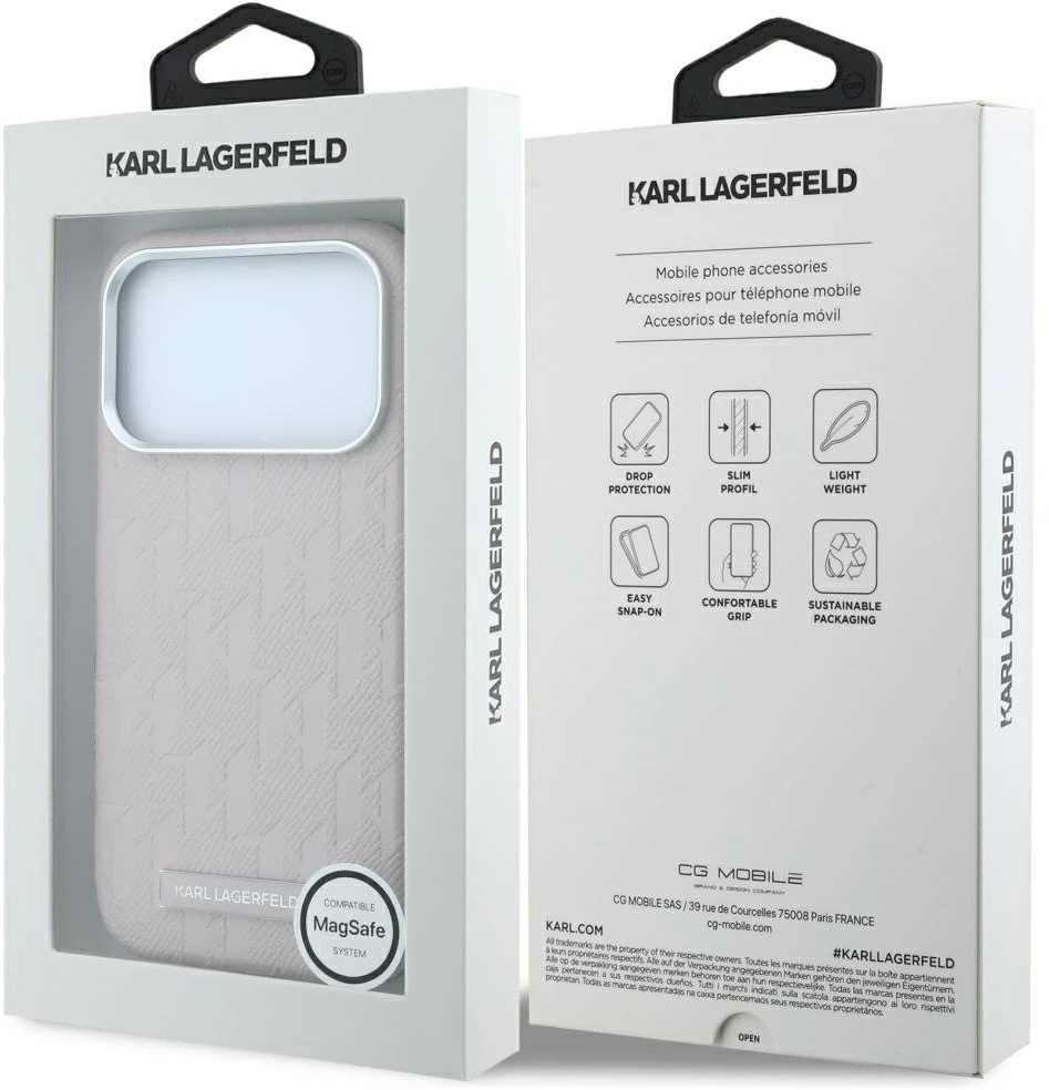 Karl Lagerfeld Grained Mono Resin Logo dėklas su MagSafe, skirtas iPhone 17 Pro Max / 18 Pro Max - Rožinė