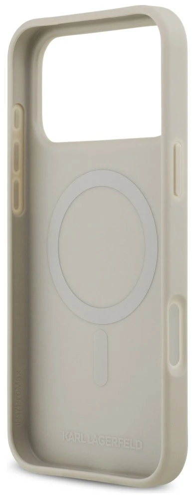Karl Lagerfeld grūdėto rašto ir logotipo „MagSafe“ dėklas, skirtas „iPhone 17 Pro Max“, pilkas