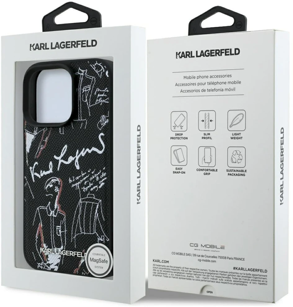 „Karl Lagerfeld“ grūdėto rašto ir logotipo „MagSafe“ dėklas, skirtas „iPhone 16 Pro Max“ – Juodas