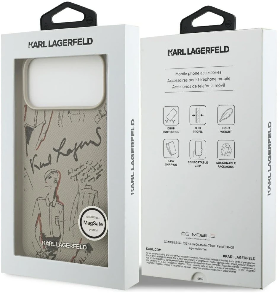 Karl Lagerfeld grūdėto rašto ir logotipo „MagSafe“ dėklas, skirtas „iPhone 17 Pro Max“, pilkas