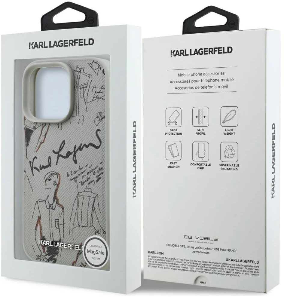 „Karl Lagerfeld“ grūdėto rašto ir logotipo „MagSafe“ dėklas, skirtas „iPhone 16 Pro“ – pilkas