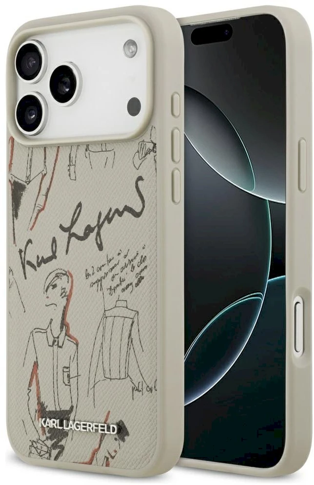 Karl Lagerfeld grūdėto rašto ir logotipo „MagSafe“ dėklas, skirtas „iPhone 17 Pro Max“, pilkas