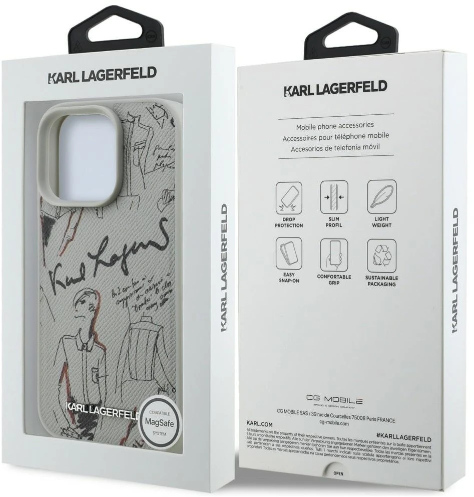„Karl Lagerfeld“ grūdėto rašto ir logotipo „MagSafe“ dėklas, skirtas „iPhone 16 Pro Max“ – pilkas