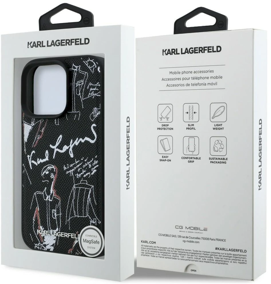 „Karl Lagerfeld“ grūdėto rašto ir logotipo „MagSafe“ dėklas, skirtas „iPhone 16 Pro“ – Juodas