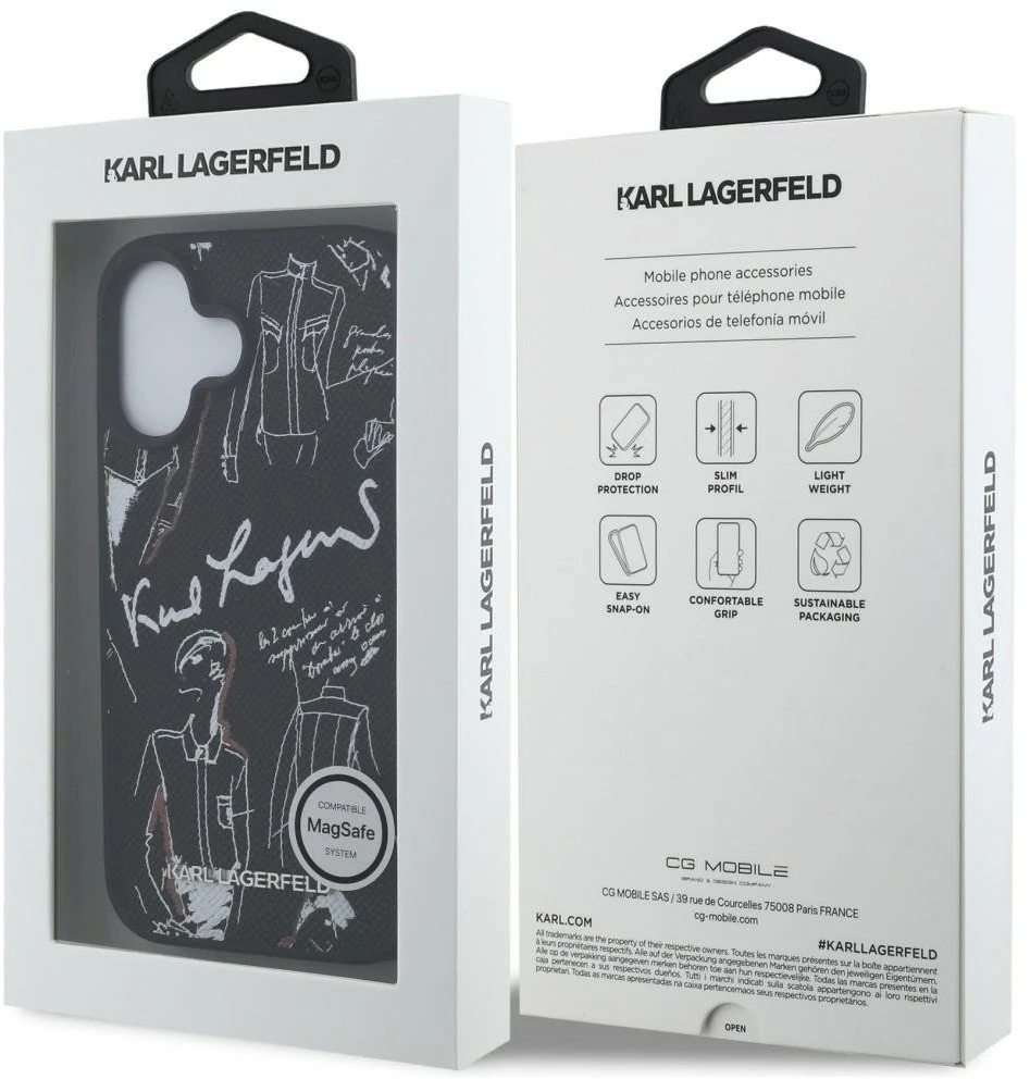 „Karl Lagerfeld“ grūdėto rašto ir logotipo „MagSafe“ dėklas, skirtas „iPhone 16“ – Juodas