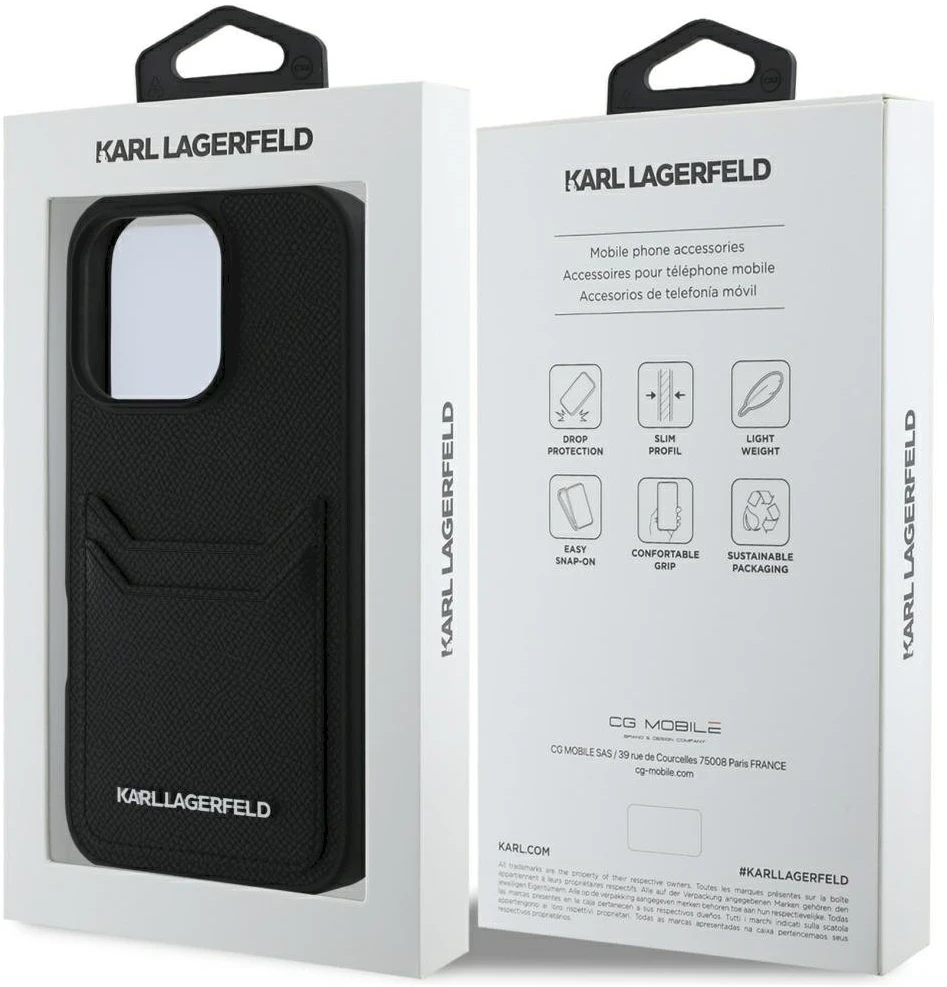 Karl Lagerfeld HC Grained PU Cardslot metalinis pailgas dėklas, skirtas iPhone 16 Pro Max - Juodas
