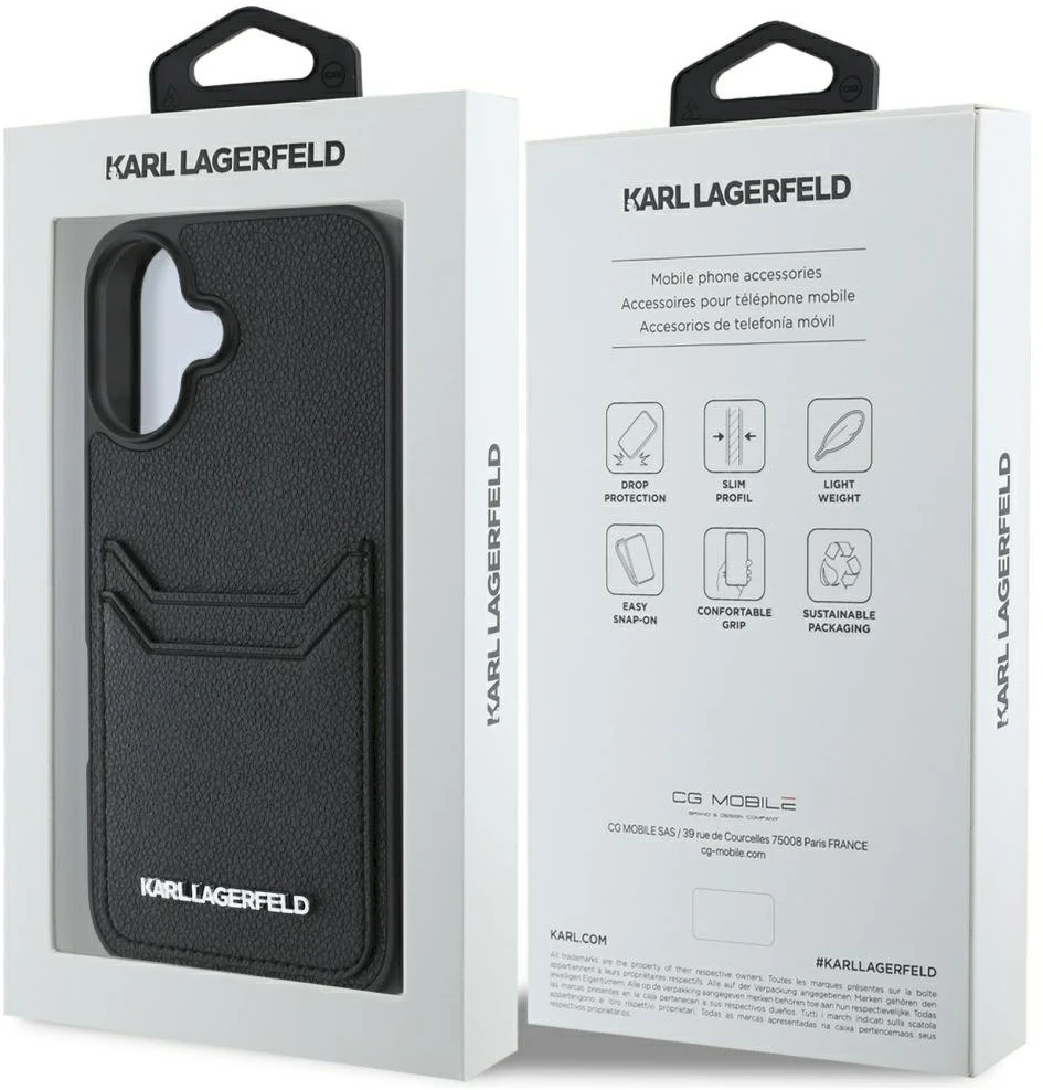 Karl Lagerfeld HC Grained PU Cardslot metalinis pailgas iPhone 16 dėklas - Juodas