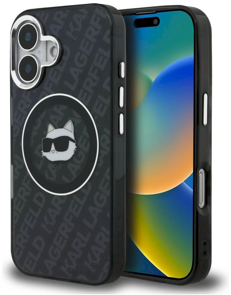 „Karl Lagerfeld IML Choupette“ galvos logotipo „MagSafe“ dėklas, skirtas „iPhone 16“ – juodas