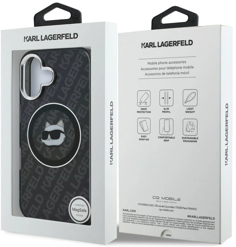 „Karl Lagerfeld IML Choupette“ galvos logotipo „MagSafe“ dėklas, skirtas „iPhone 16“ – juodas