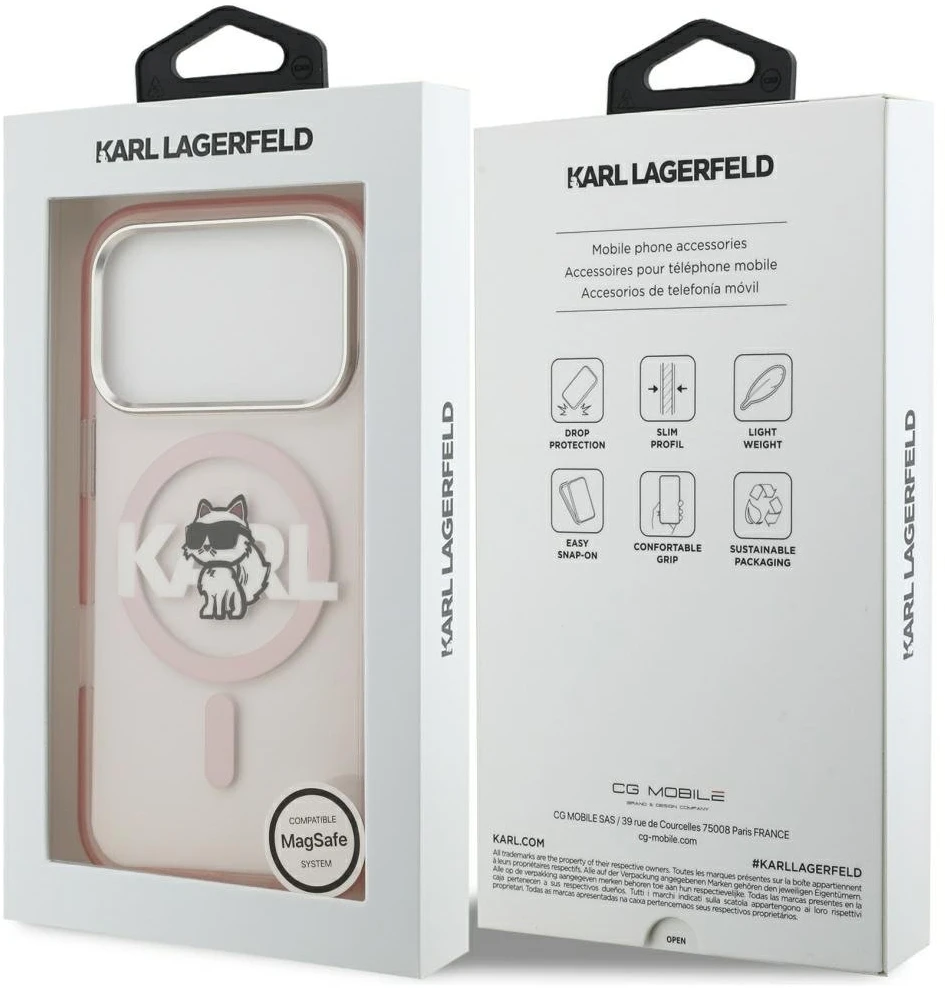 Karl Lagerfeld dėklas, skirtas IPHONE 17 Pro, suderinamas su „MagSafe KLHMP17LHGCHGKBP“ (IML Choupette eskizo logotipas), rožinis
